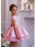 Cap Sleeves Pink Sequin Tulle V Back Flower Girl Dress